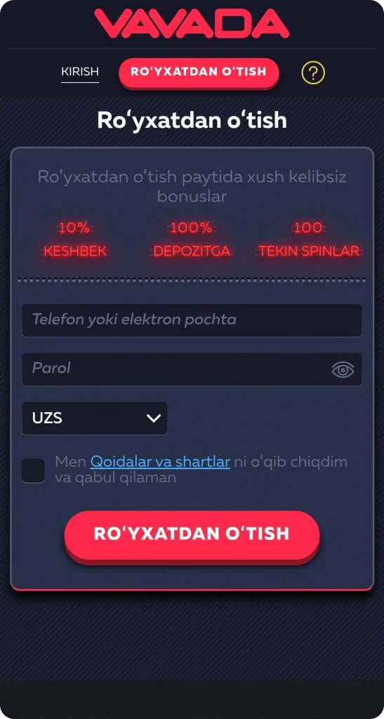 Vavada ilovasida ro'yxatdan o'tish